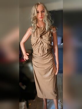 Express Tan Body Contour Faux Leather Twist Front Midi Dress(New w/Tags!)